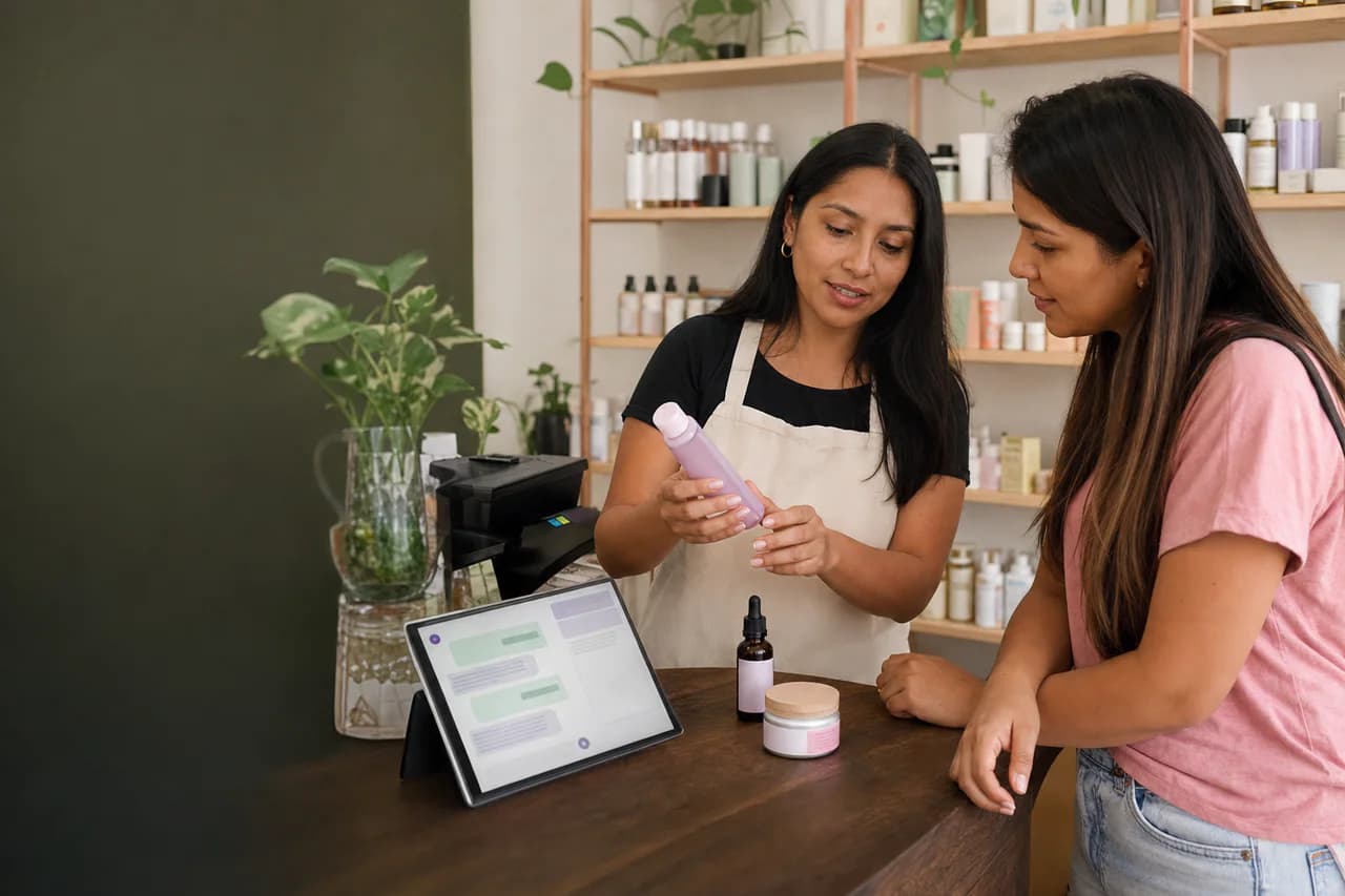 Vendedora de cuidado personal orienta a una clienta con apoyo de una conversación contextual