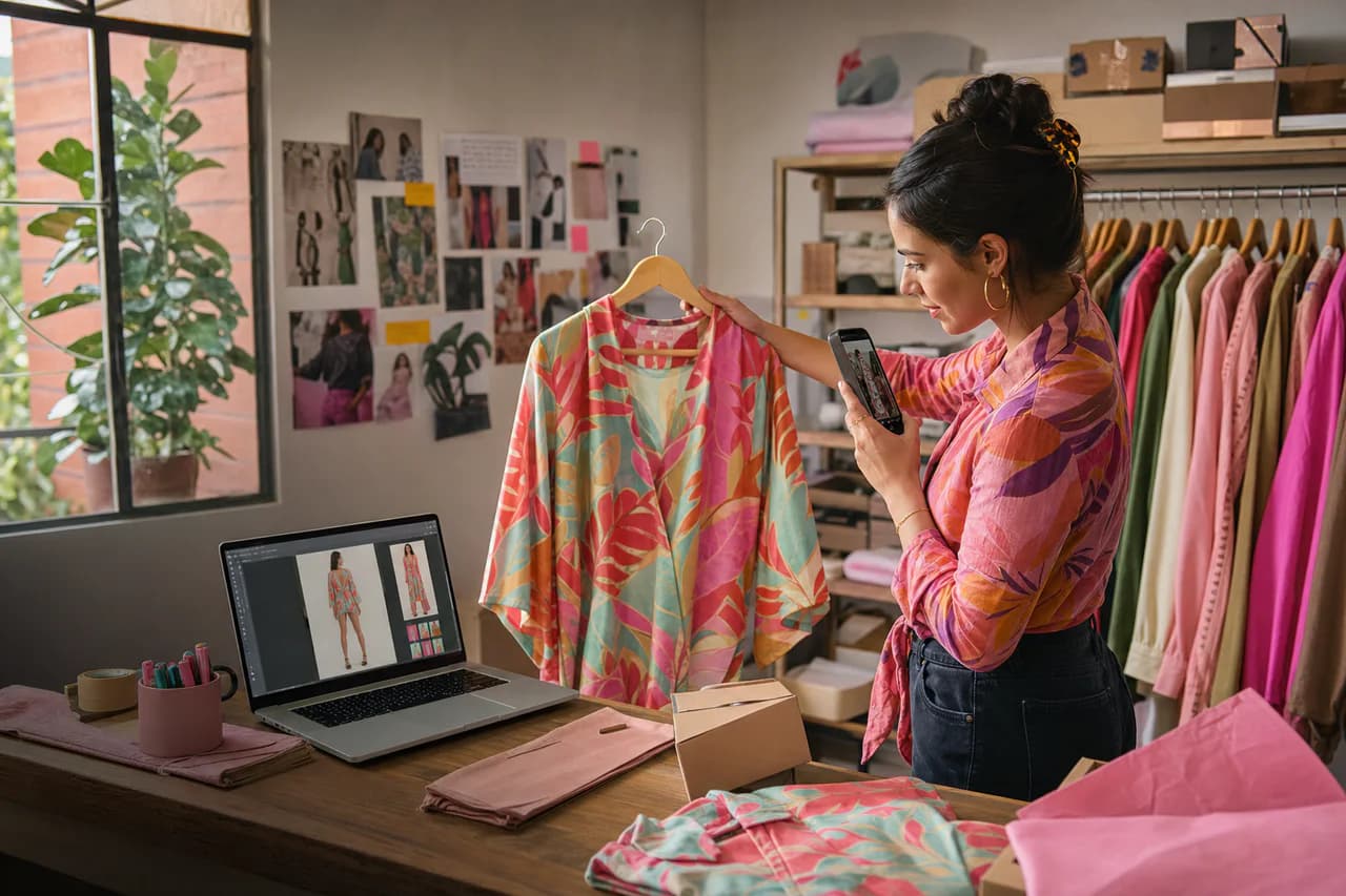 Emprendedora colombiana de moda fotografía una prenda y revisa una pieza visual de producto