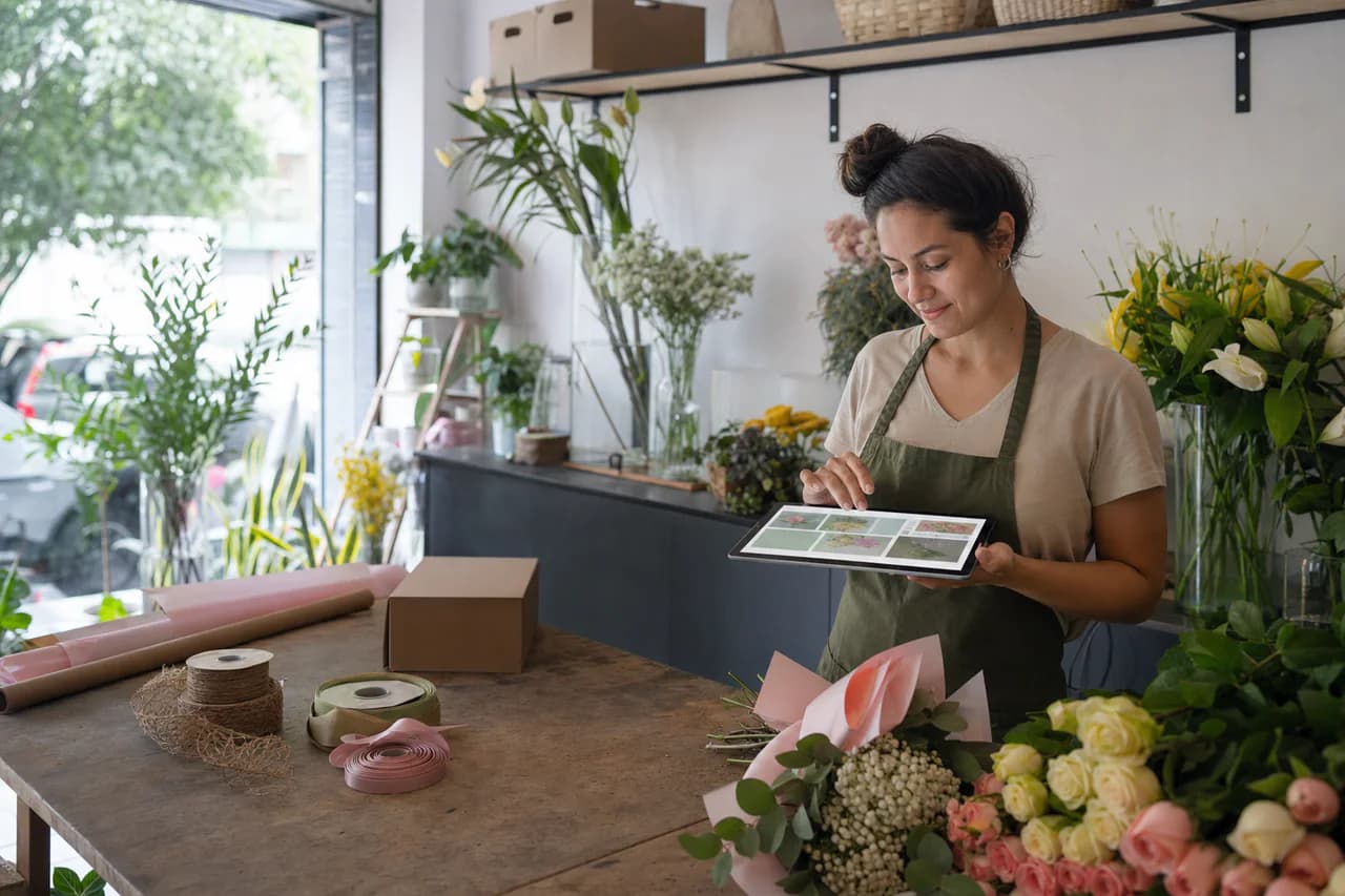 Dueña de una floristería revisa el catálogo de su tienda propia desde el negocio