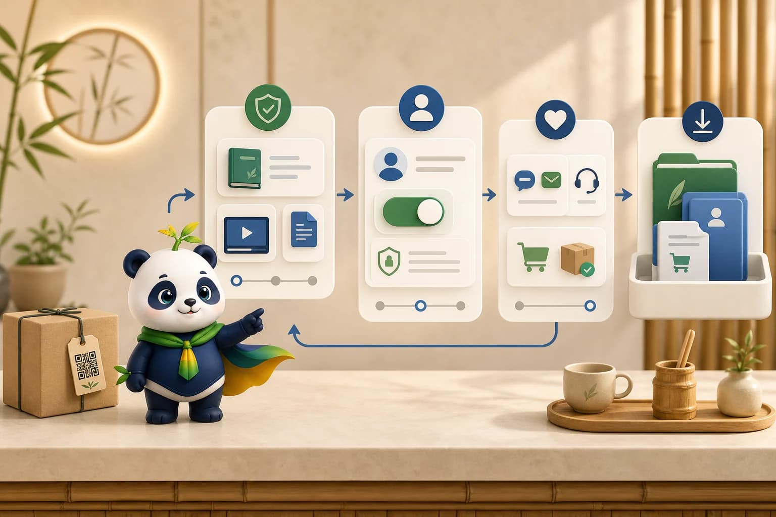 Mony explica el recorrido desde un paquete con QR hacia recursos, permiso, soporte, recompra y exportación de datos