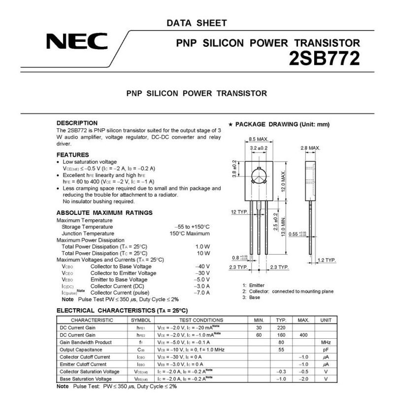 Nec B772 2sb772 To-126 Pnp Power Transistor General 30v 3a - Image 4