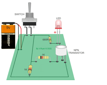 npn circuito led 451x360 - Los Transistores, explicacion de tipo de transistor NPN, PNP y usos